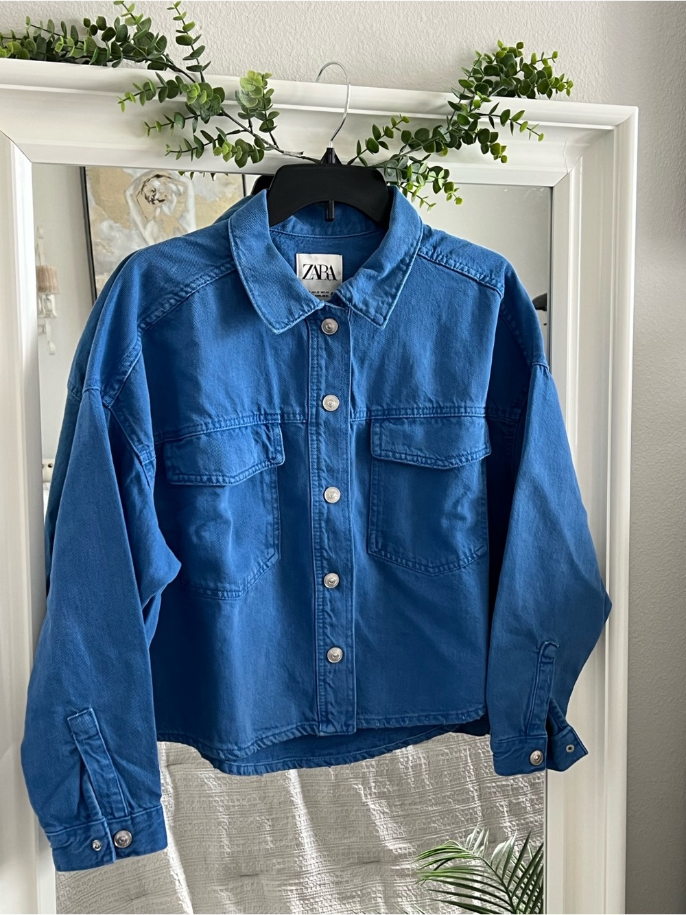 Zara Blue Cotton Oversized Denim Jacket with Chest Flap Pockets
